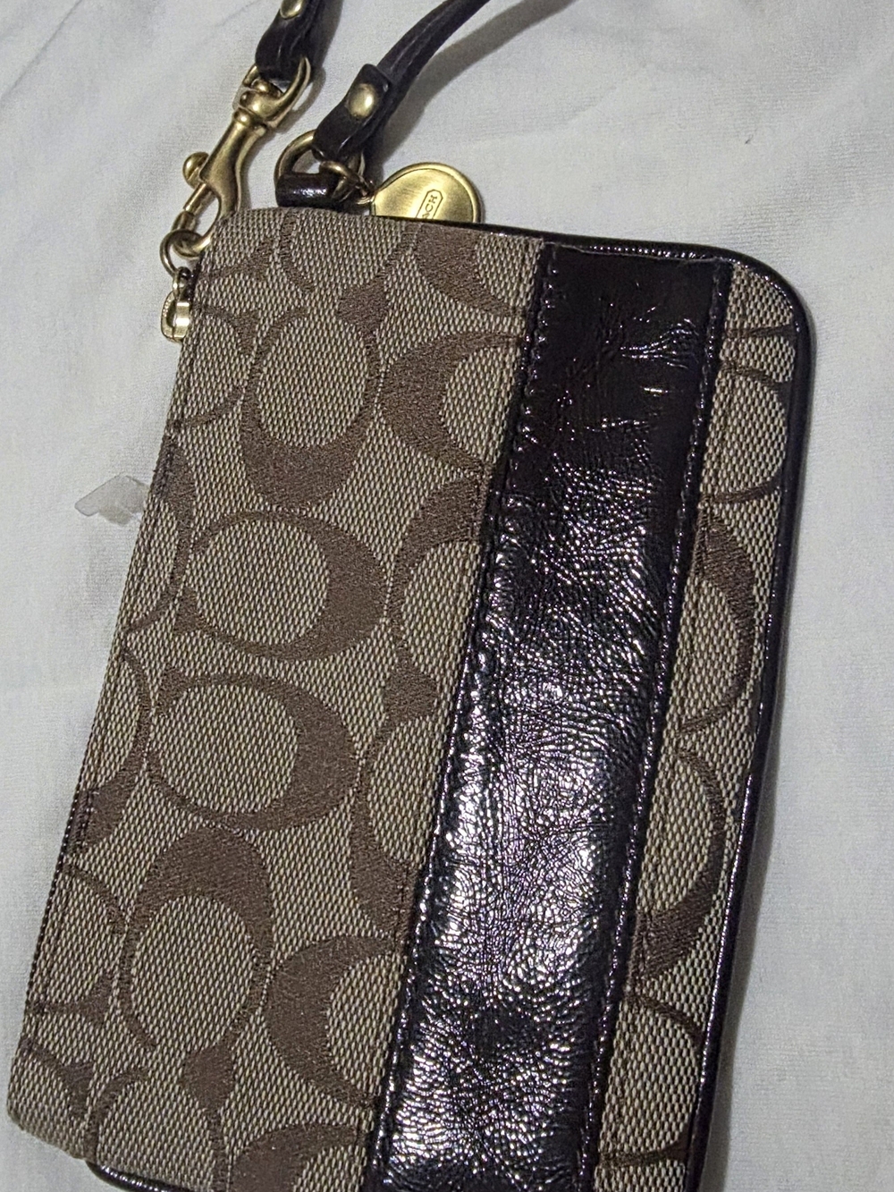 Coach Brown Signature Canvas and Dark Brown Leather Phone Wristlet